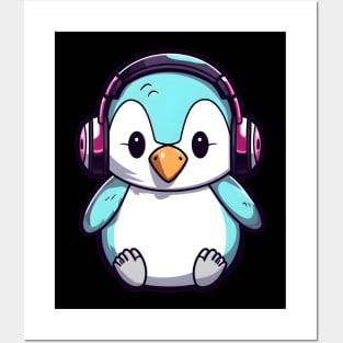 Cute Penguin Headphones Posters and Art